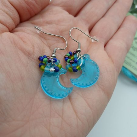 Blue Crescent Moon Handmade Resin and Bead Earrings