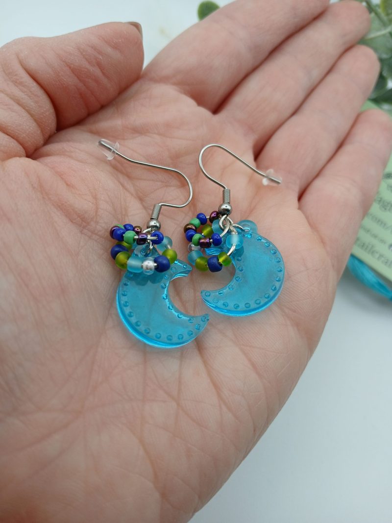 Blue Crescent Moon Handmade Resin and Bead Earrings
