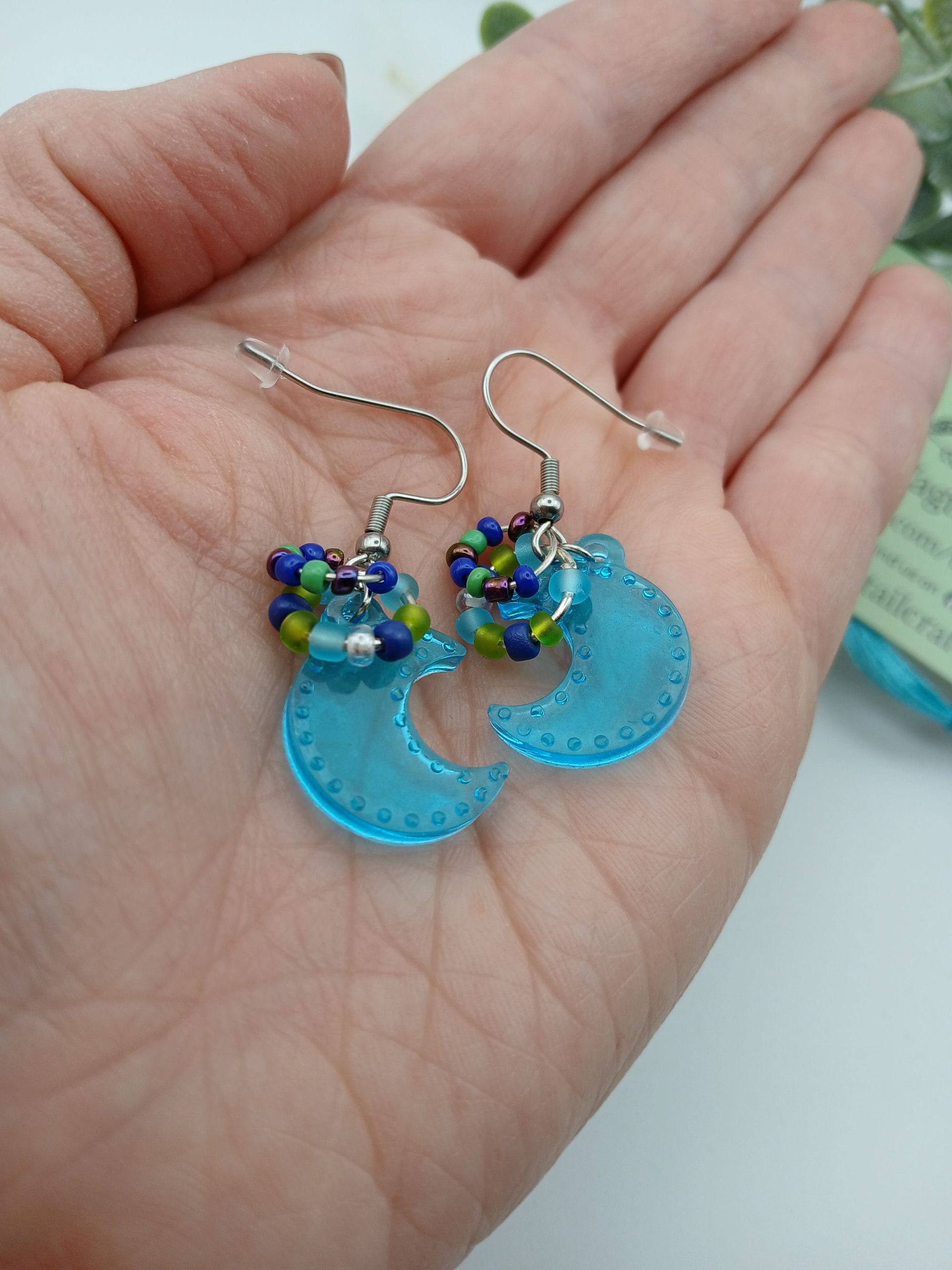 Blue Crescent Moon Handmade Resin and Bead Earrings