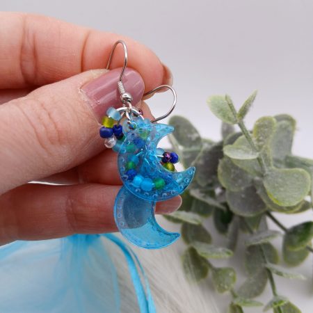 Blue Crescent Moon Handmade Resin and Bead Earrings