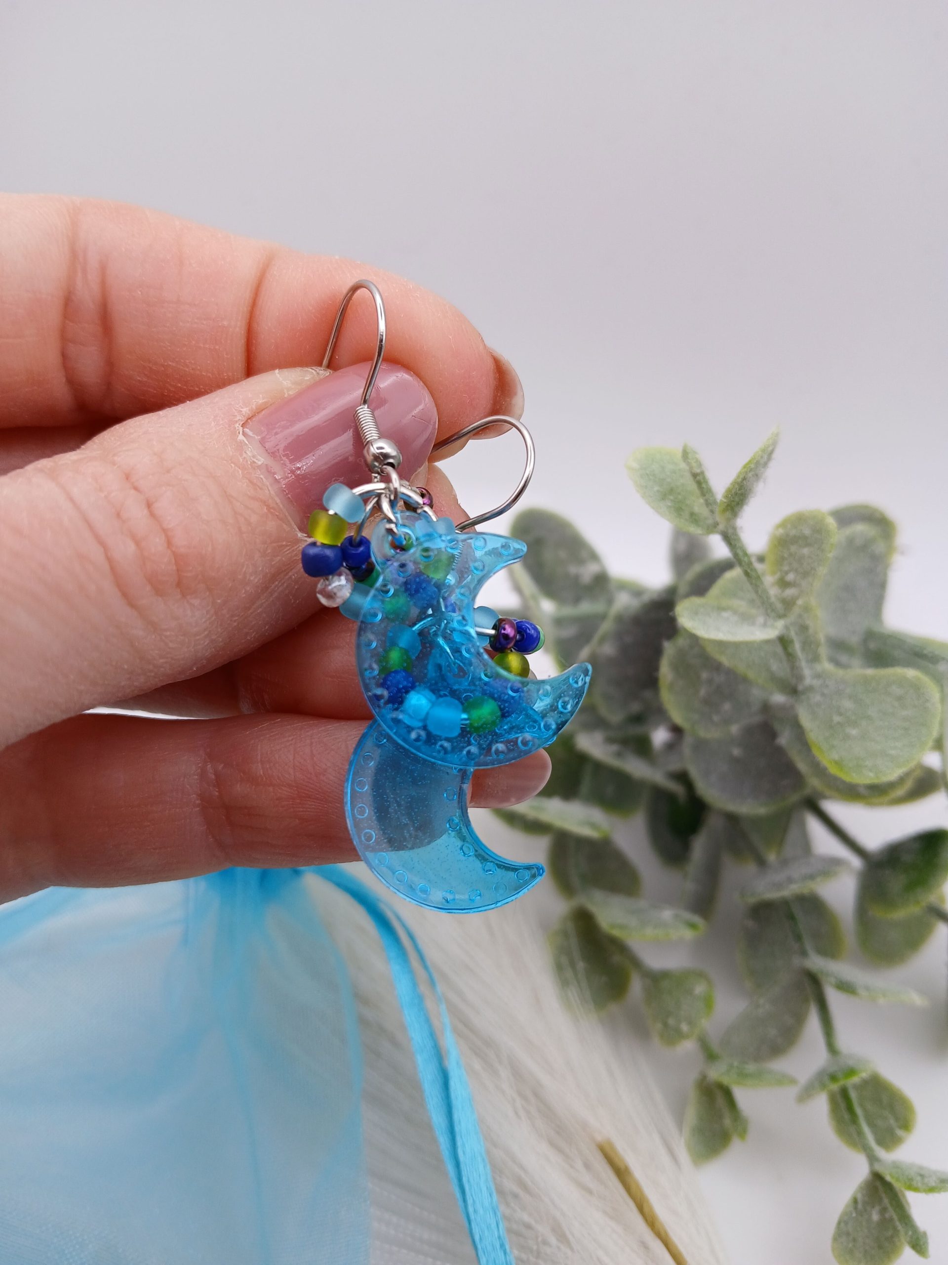 Blue Crescent Moon Handmade Resin and Bead Earrings