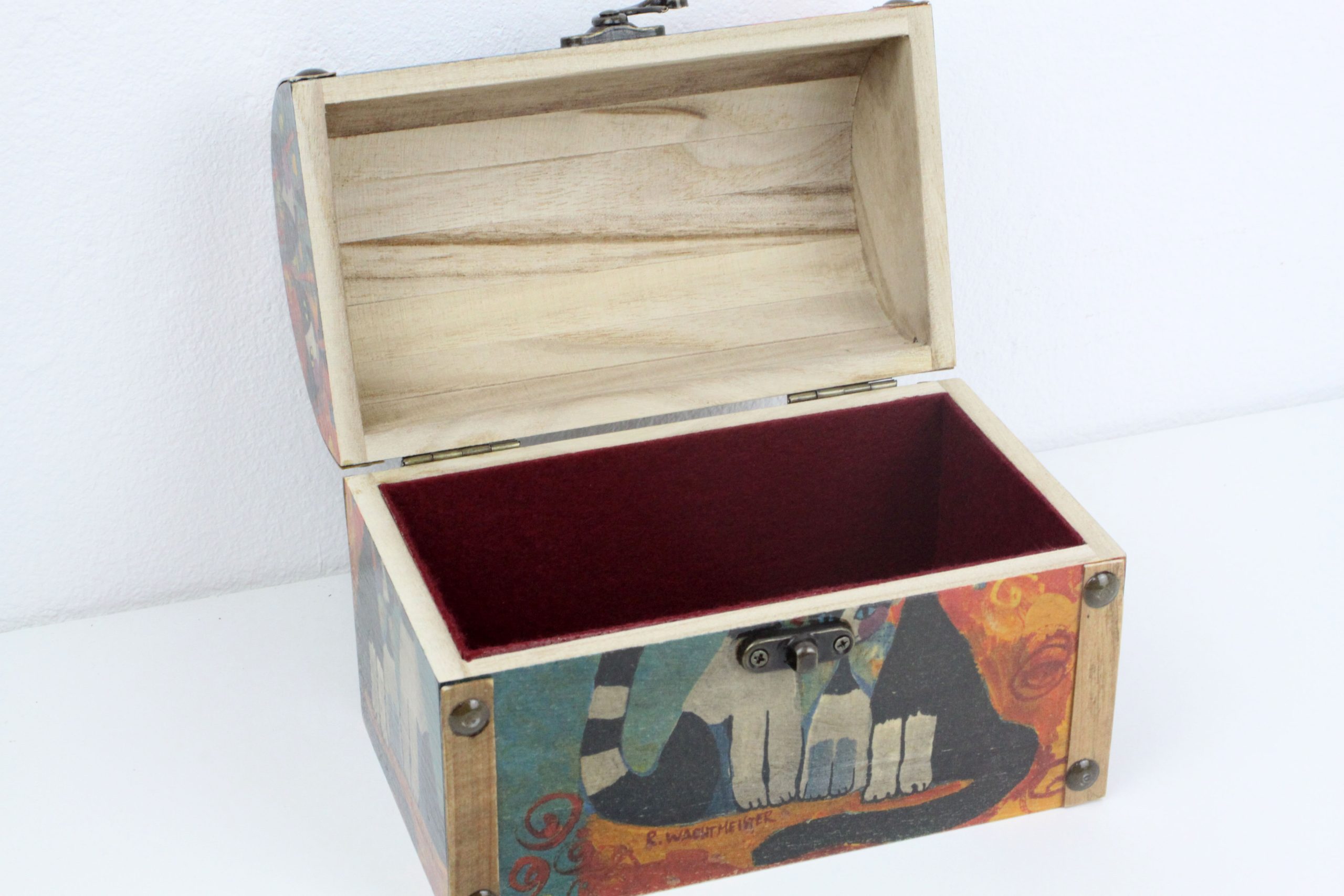 Treasure Chest, Wood handmade keepsake jewellery, memories box, Wachtmeister Cats style Art