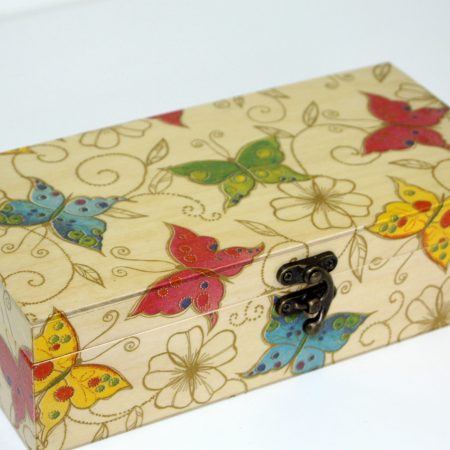 Wood handmade keepsake jewellery, memories, photo box, Butterfly, Flowers design, Green lined