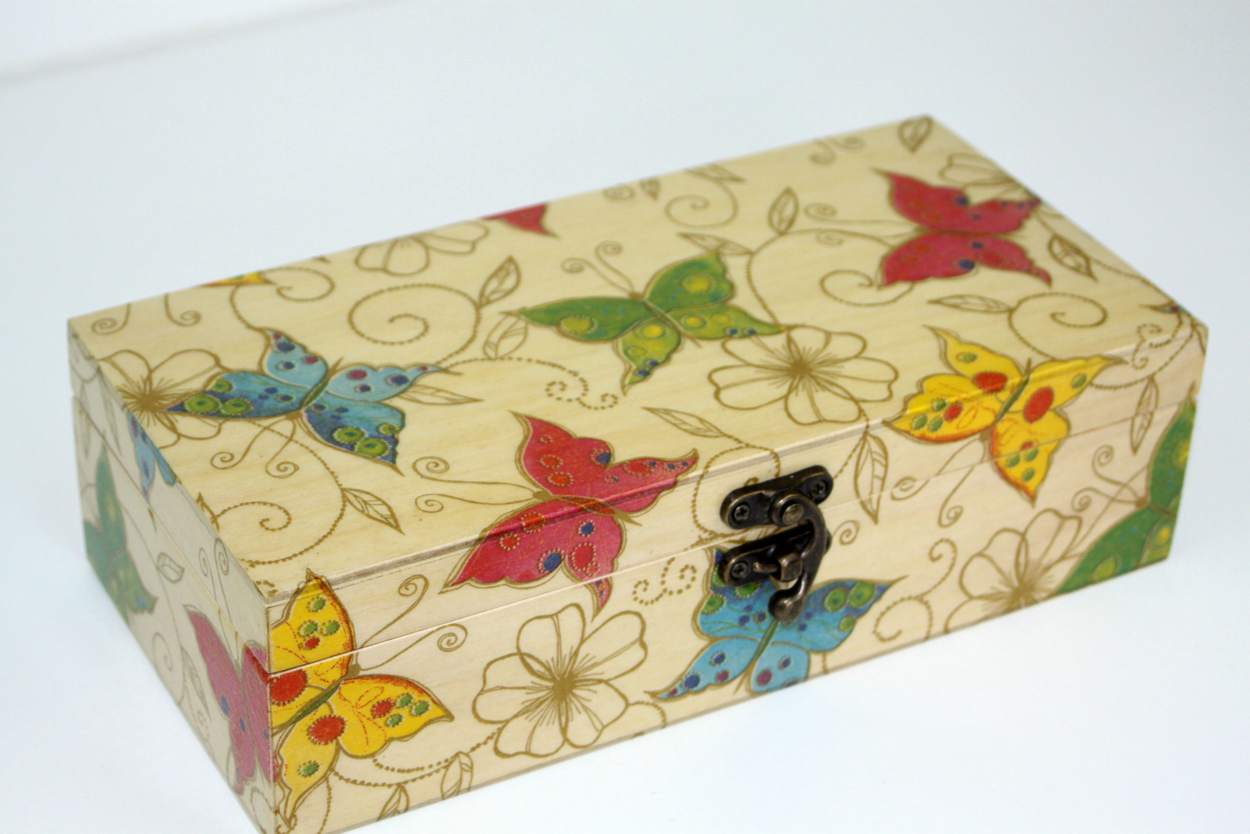 Wood handmade keepsake jewellery, memories, photo box, Butterfly, Flowers design, Green lined