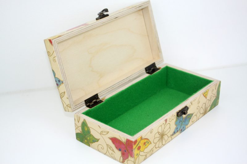 Wood handmade keepsake jewellery, memories, photo box, Butterfly, Flowers design, Green lined