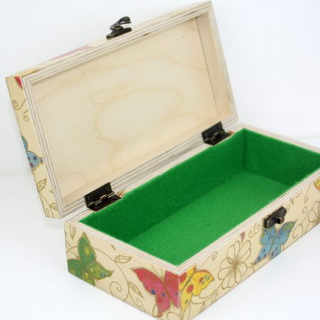 Wood handmade keepsake jewellery, memories, photo box, Butterfly, Flowers design, Green lined