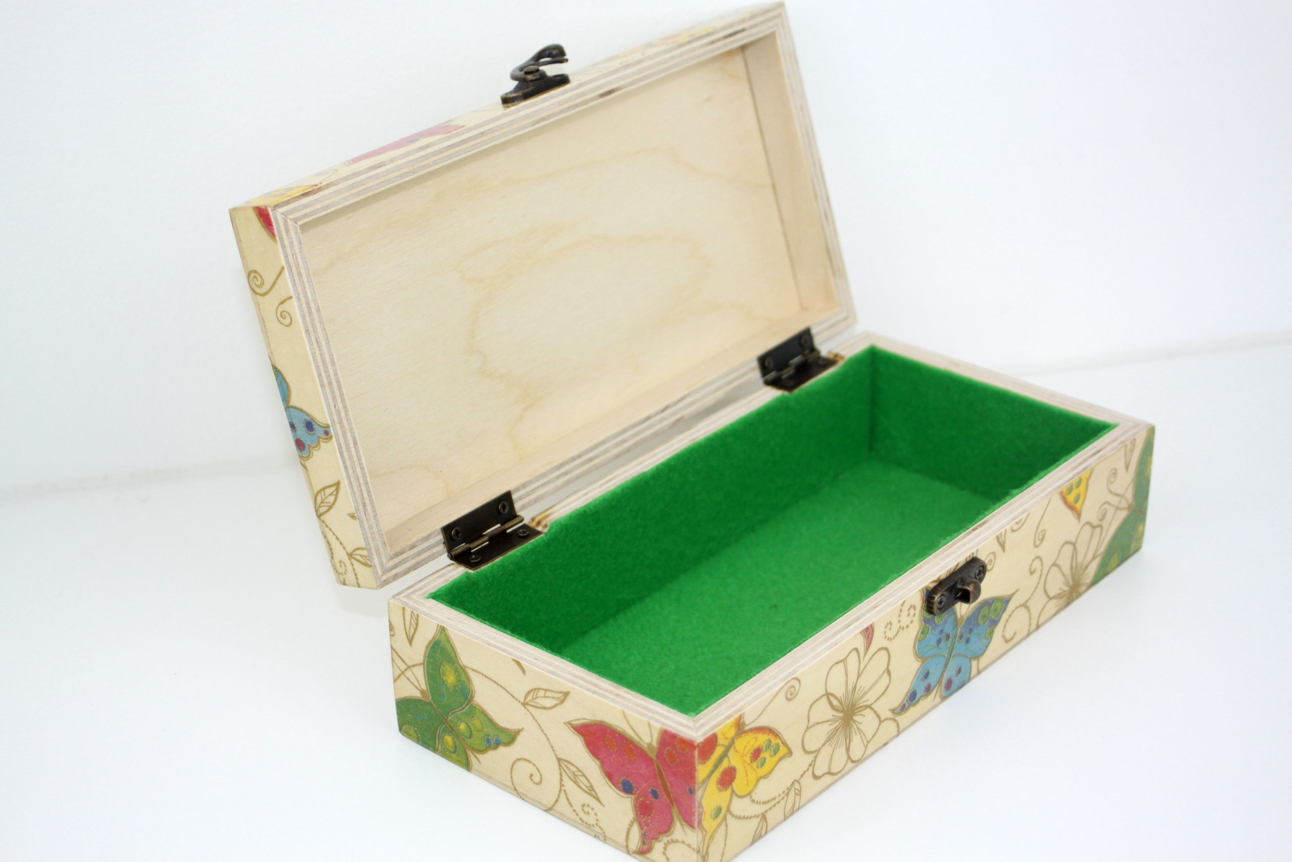 Wood handmade keepsake jewellery, memories, photo box, Butterfly, Flowers design, Green lined