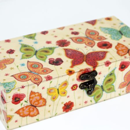 Wood handmade keepsake jewellery, memories, photo box, Butterfly, Flowers design, Green lined