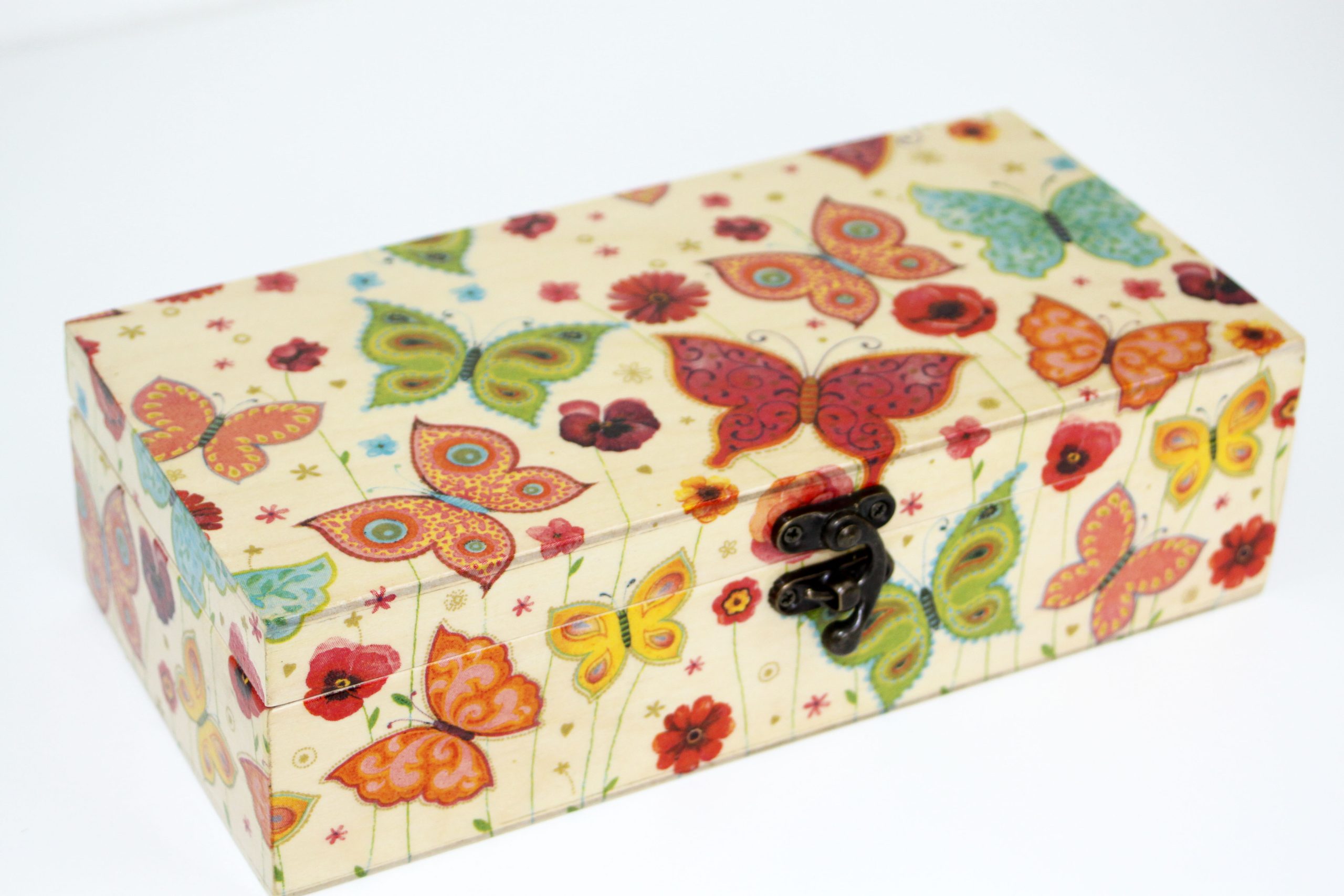 Wood handmade keepsake jewellery, memories, photo box, Butterfly, Flowers design, Green lined