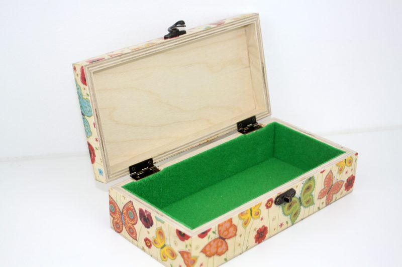Wood handmade keepsake jewellery, memories, photo box, Butterfly, Flowers design, Green lined