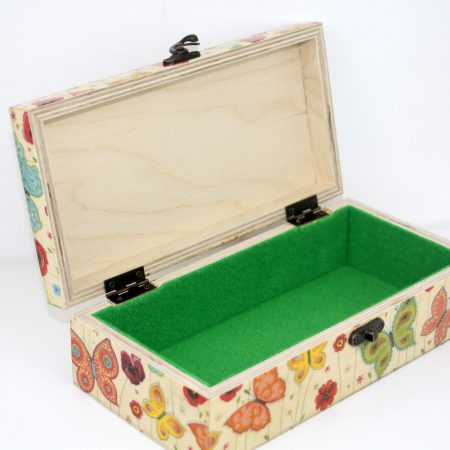 Wood handmade keepsake jewellery, memories, photo box, Butterfly, Flowers design, Green lined