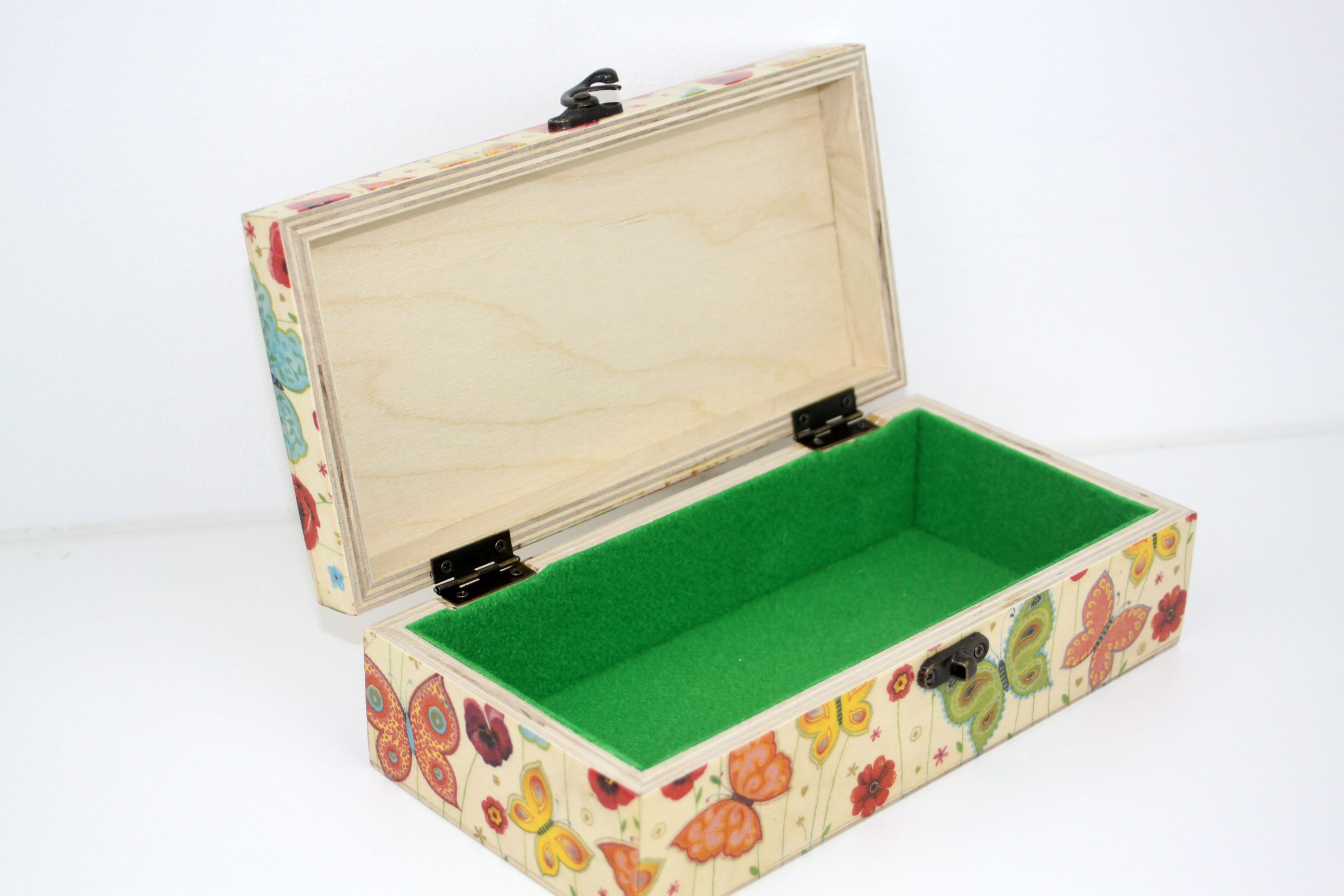Wood handmade keepsake jewellery, memories, photo box, Butterfly, Flowers design, Green lined