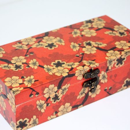 Wood handmade keepsake jewellery, memories, photo box, Cherry blossoms , Flowers design, Black lined