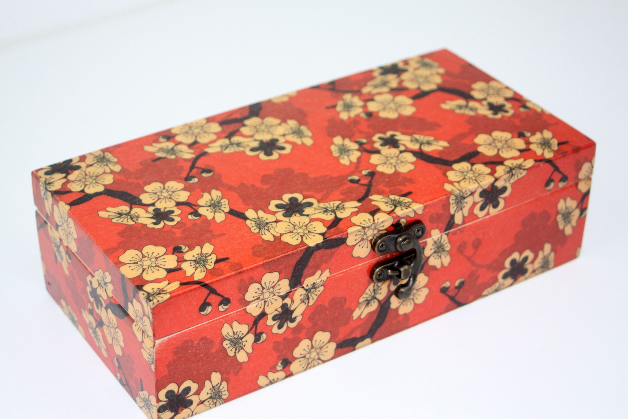 Wood handmade keepsake jewellery, memories, photo box, Cherry blossoms , Flowers design, Black lined