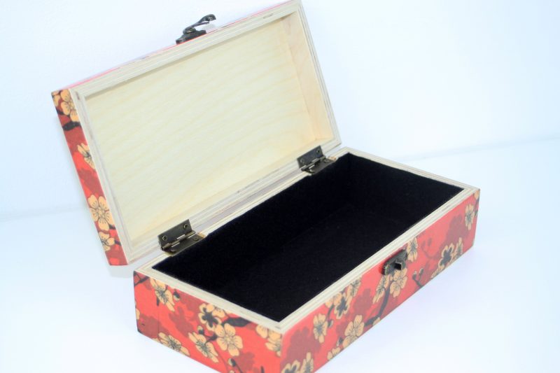 Wood handmade keepsake jewellery, memories, photo box, Cherry blossoms , Flowers design, Black lined