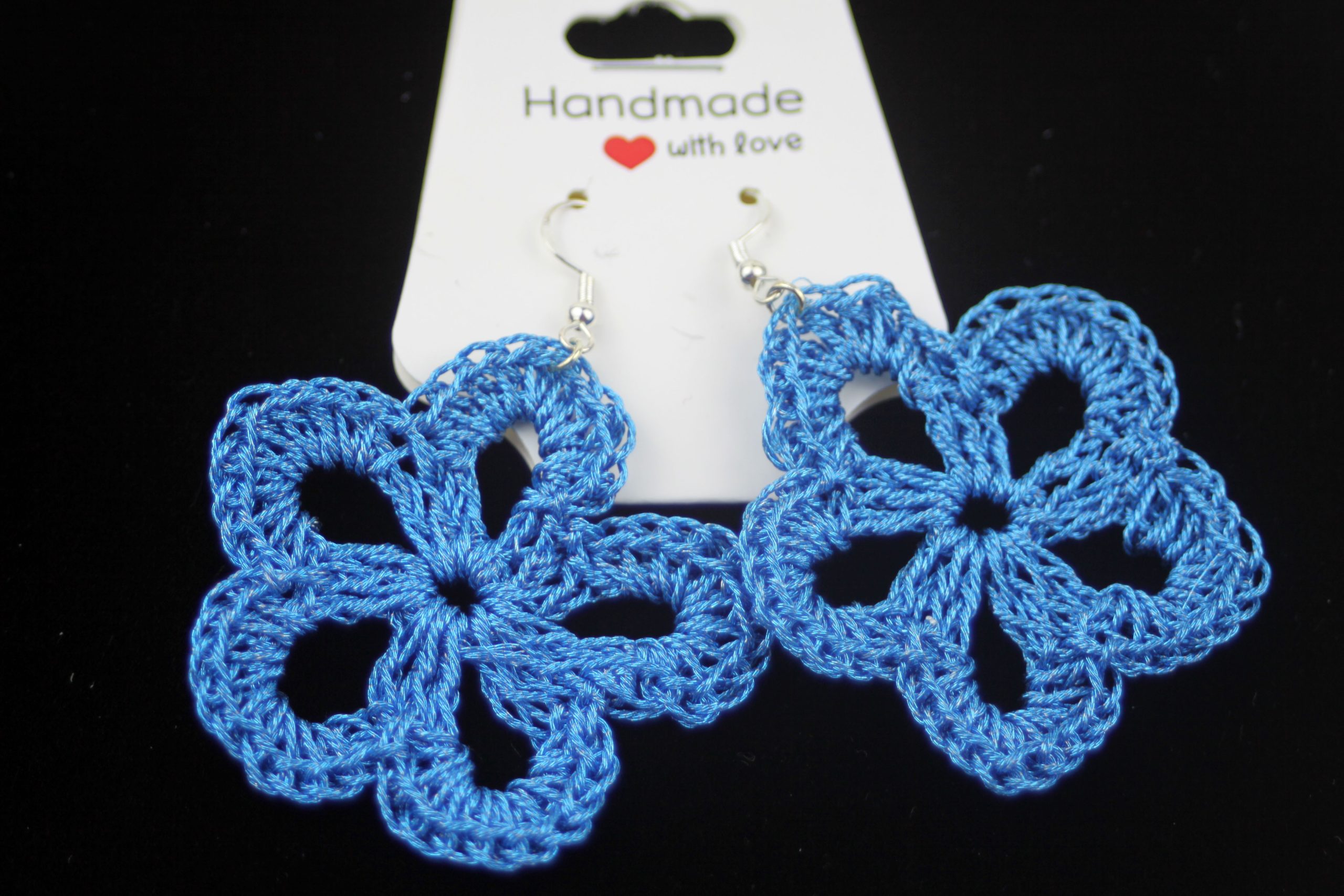 Hand crocheted earrings, Blue Flower design