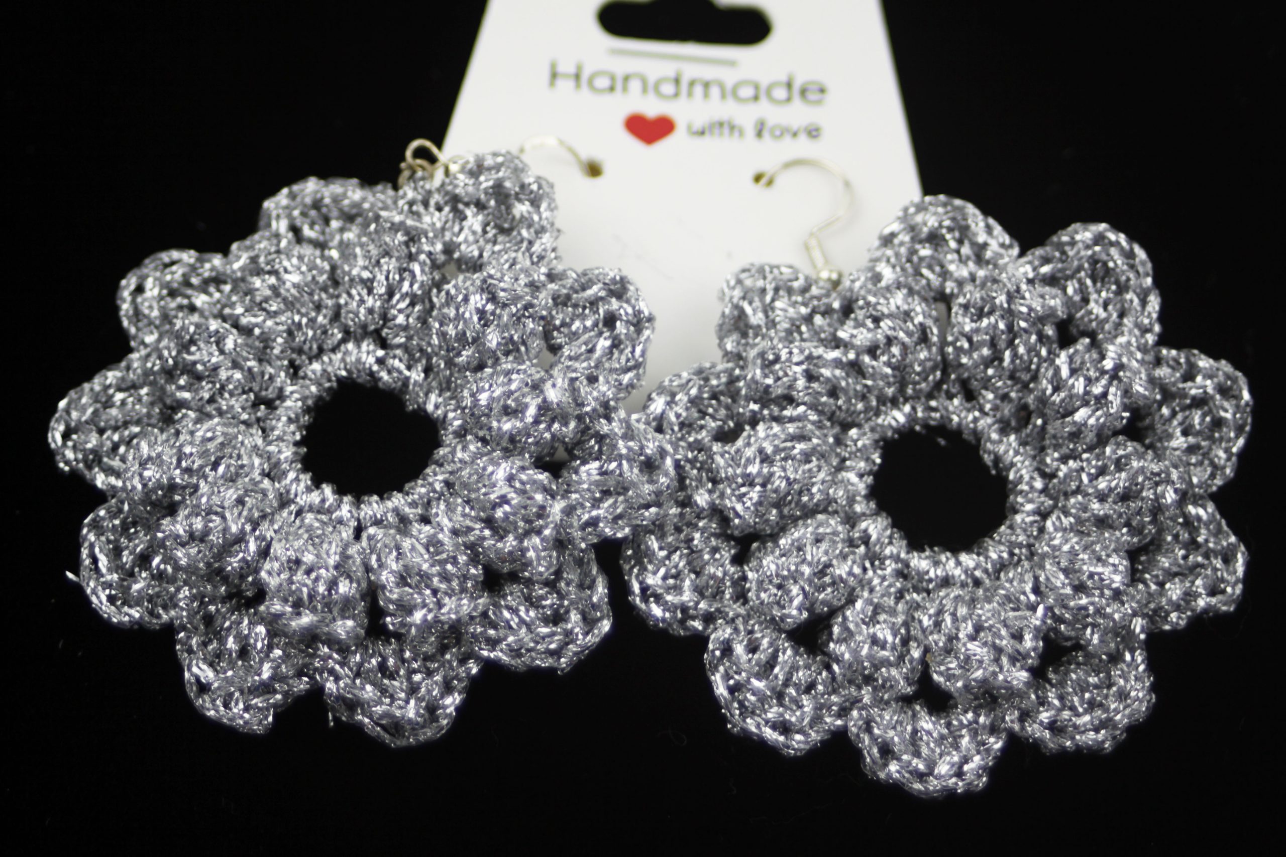 Hand crocheted earrings, Silver Flower design