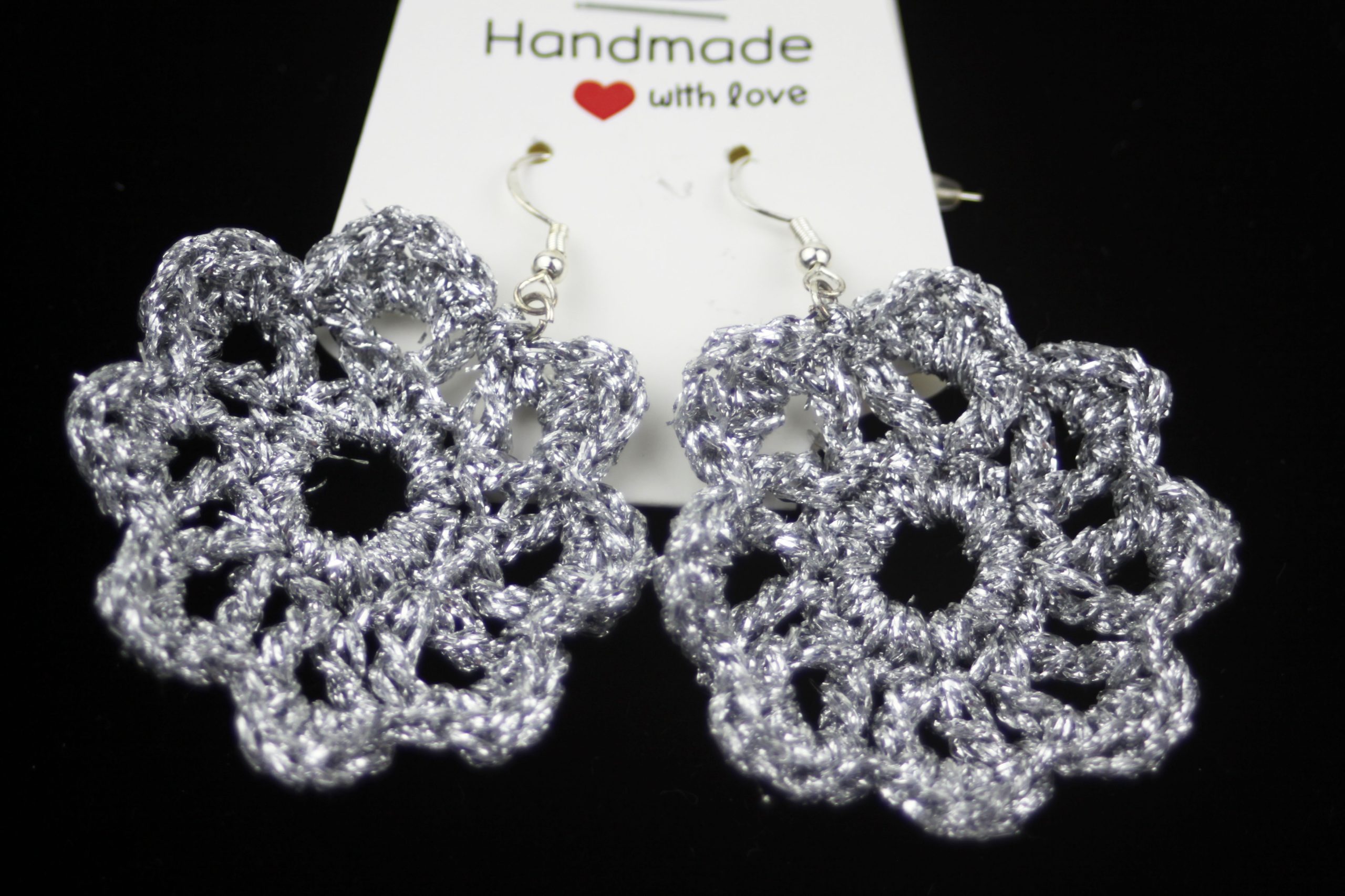 Hand crocheted earrings, Silver Flower design
