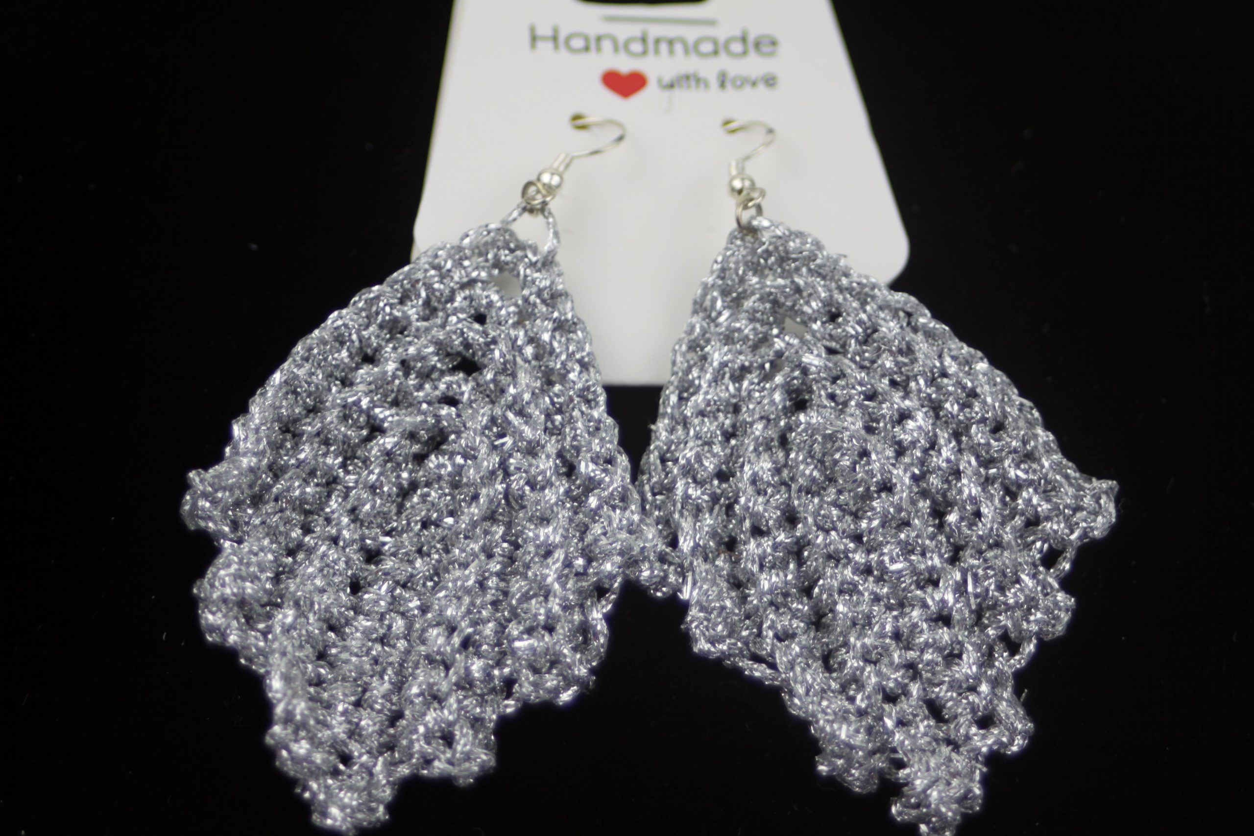 Hand crocheted earrings, Silver color Leaves, Flower design