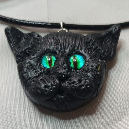 Handmade Polymer Clay Black Cat Pendant Necklace, Lightweight