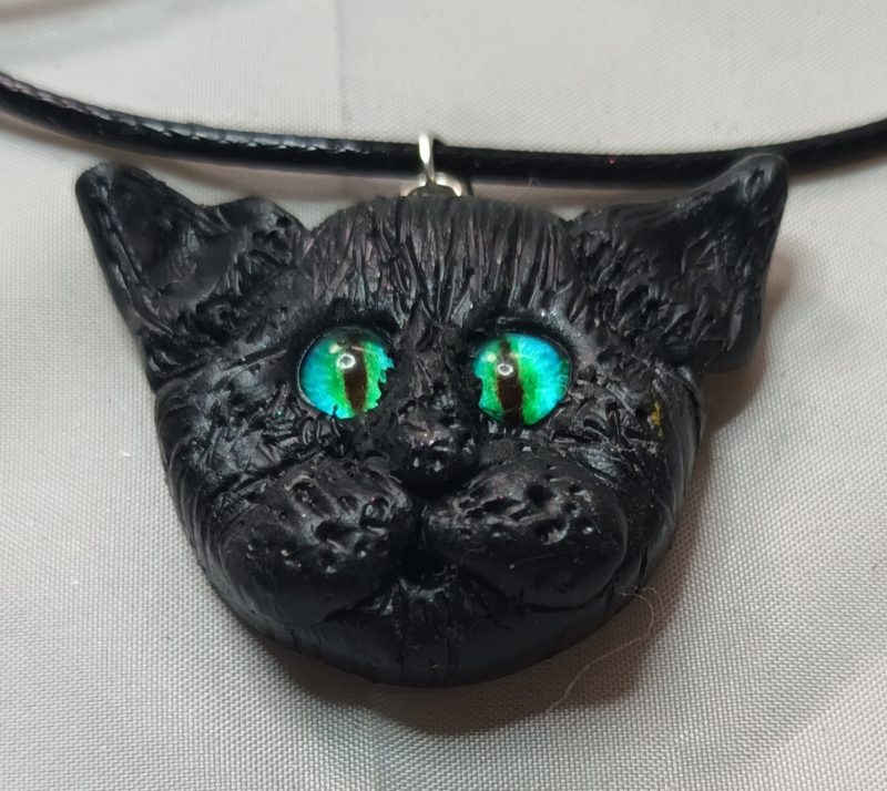Handmade Polymer Clay Black Cat Pendant Necklace, Lightweight