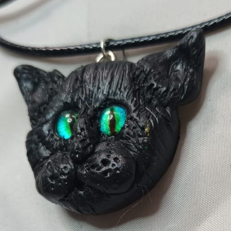 Handmade Polymer Clay Black Cat Pendant Necklace, Lightweight