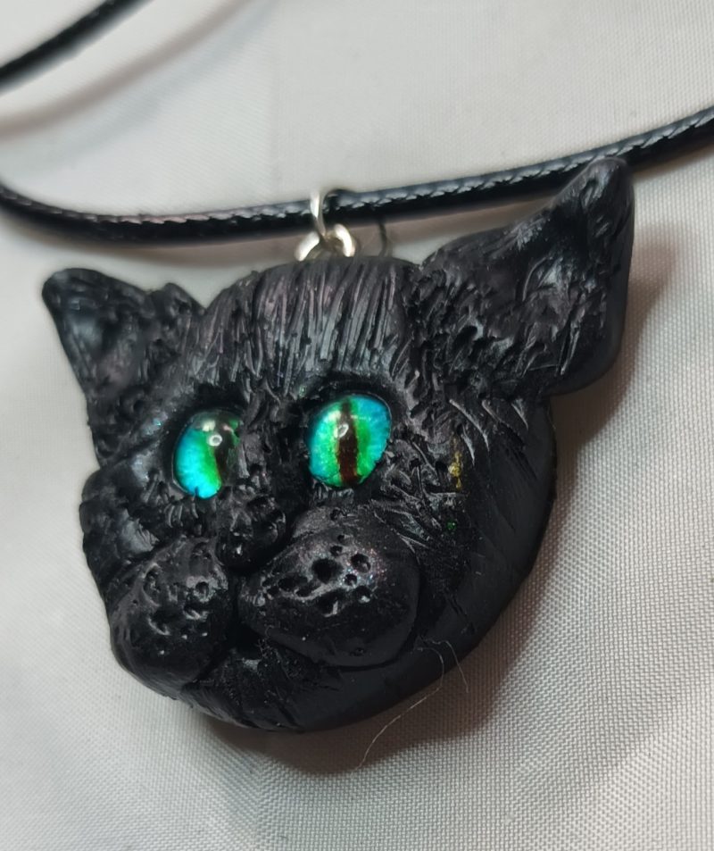 Handmade Polymer Clay Black Cat Pendant Necklace, Lightweight