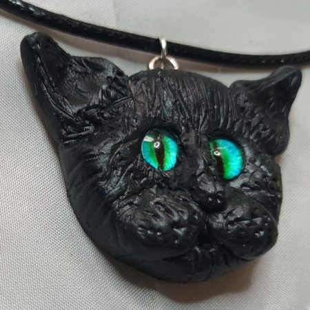 Handmade Polymer Clay Black Cat Pendant Necklace, Lightweight