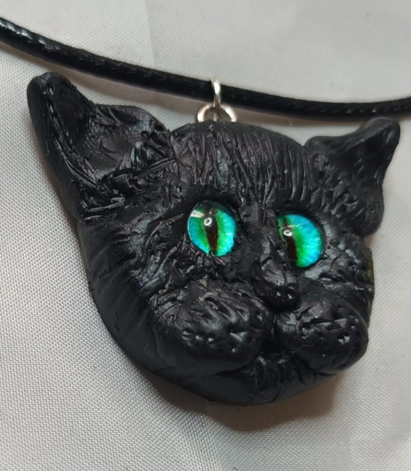 Handmade Polymer Clay Black Cat Pendant Necklace, Lightweight