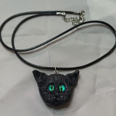 Handmade Polymer Clay Black Cat Pendant Necklace, Lightweight