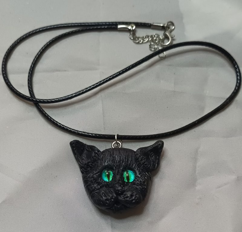 Handmade Polymer Clay Black Cat Pendant Necklace, Lightweight
