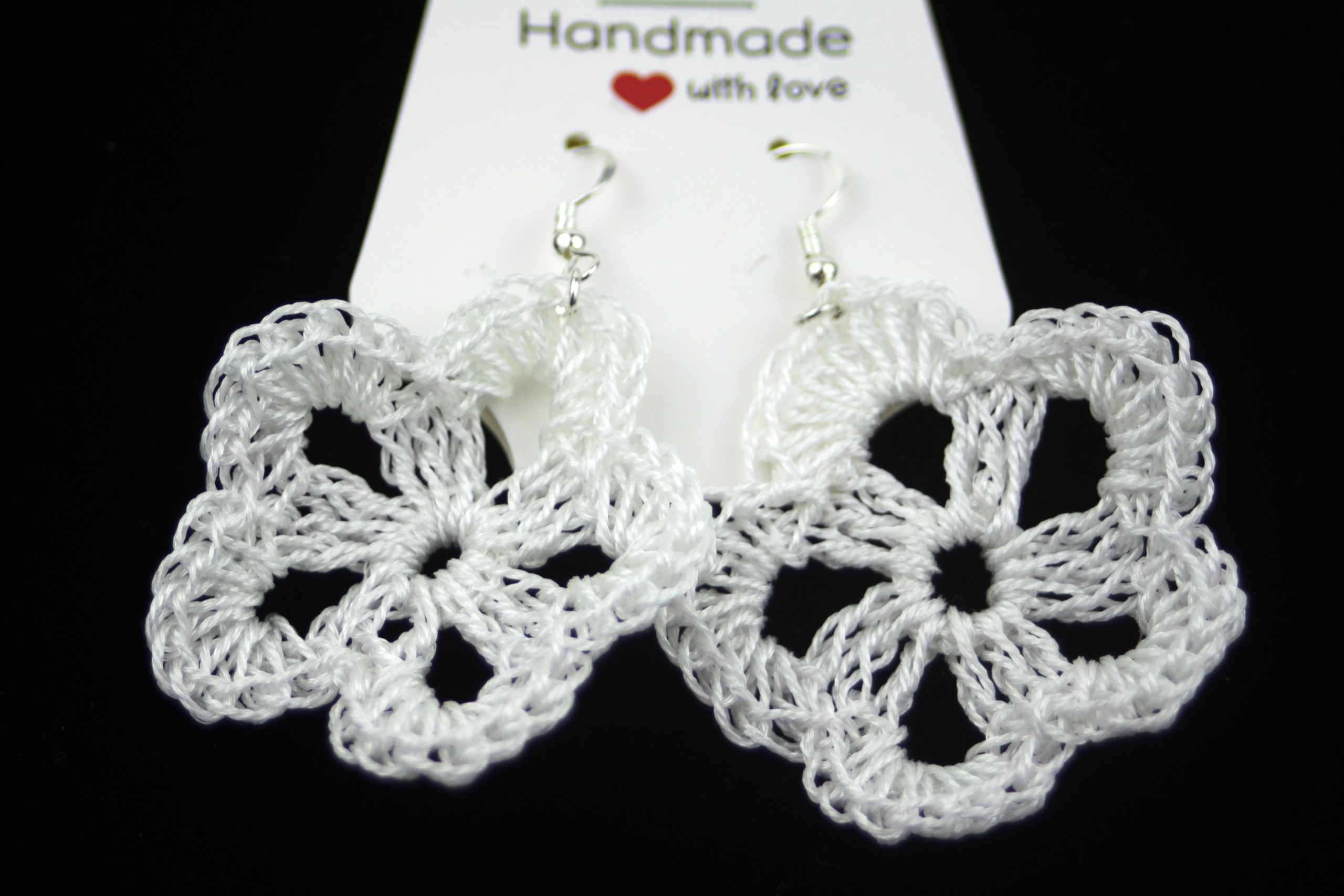 Hand crocheted earrings, White Flower design