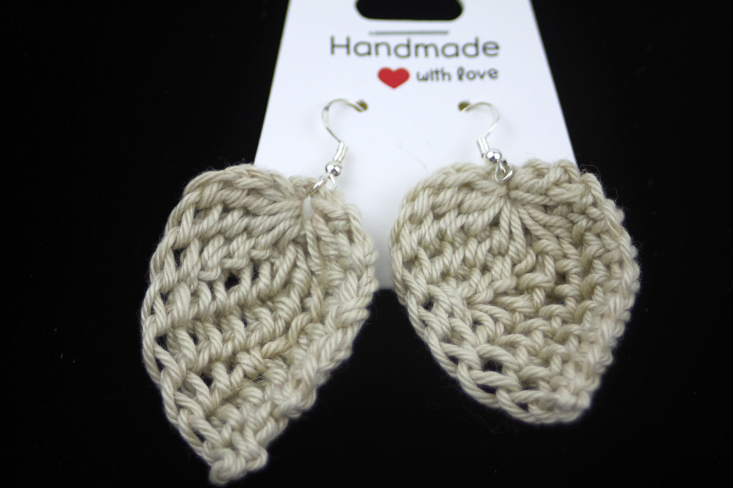 Hand crocheted earrings, Leaf, Flower design, Beige cotton yarn
