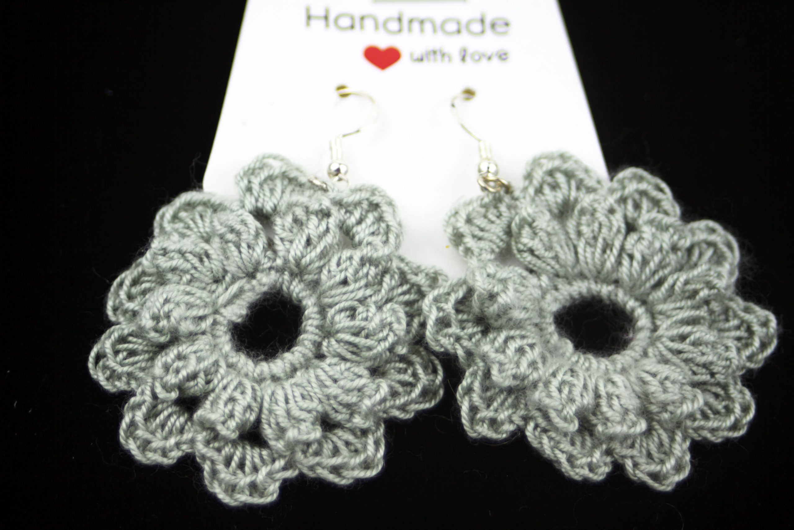 Hand crocheted earrings, Grey Flower design, Silky cotton yarn