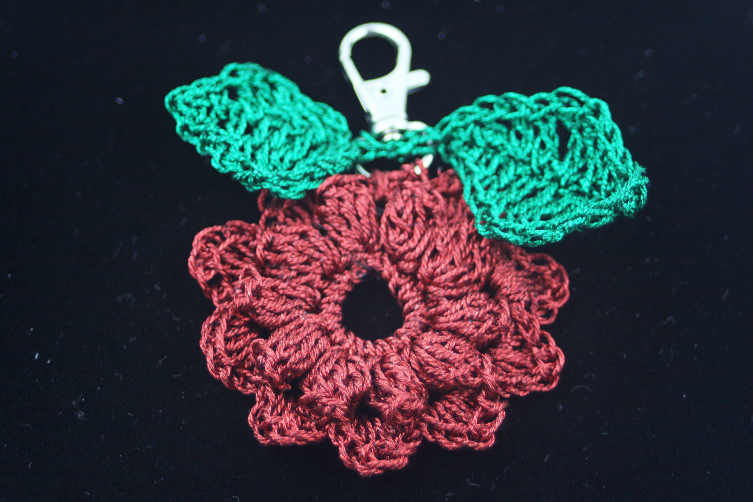 Hand crocheted bag charm, Cherry Red Flower, Leaf style