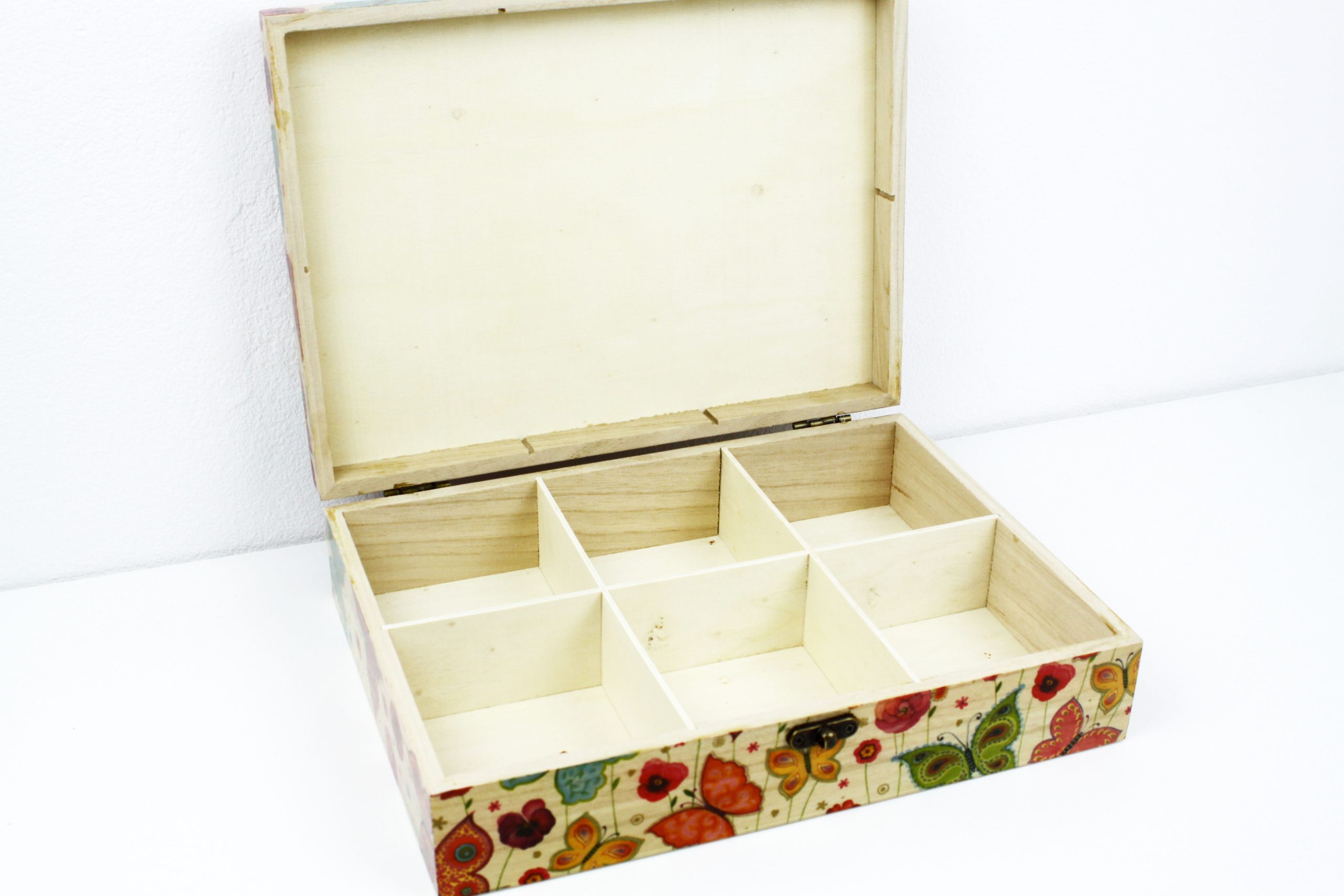 Wood handmade keepsake jewellery, memories box, Butterfly, Flowers design, Flexible compartments
