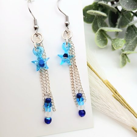 Dangle Star Earrings Blue Glittery resin and chain tassels