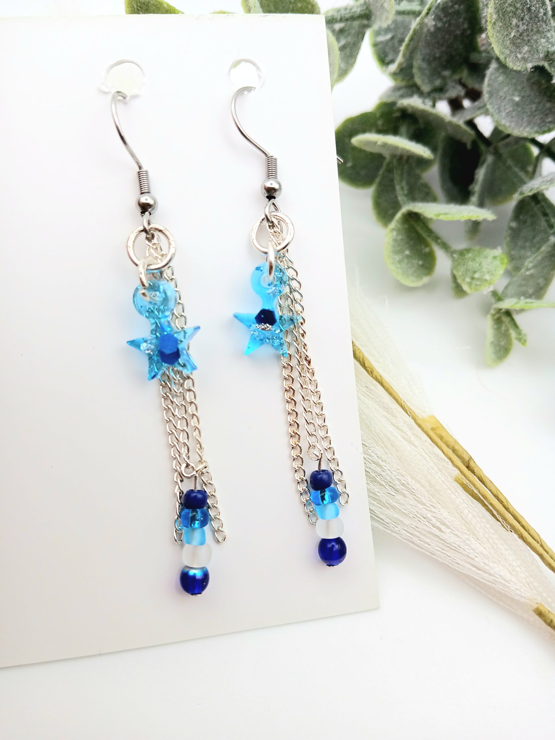Dangle Star Earrings Blue Glittery resin and chain tassels