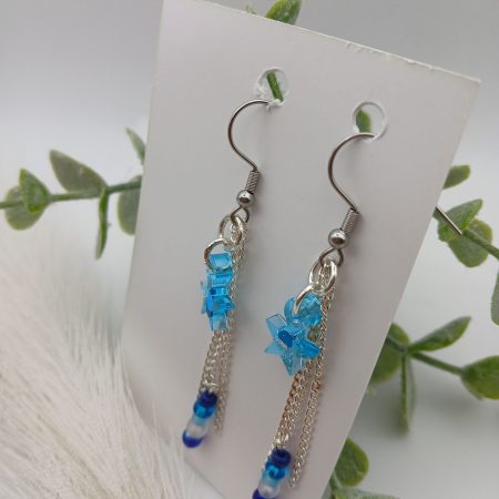 Dangle Star Earrings Blue Glittery resin and chain tassels