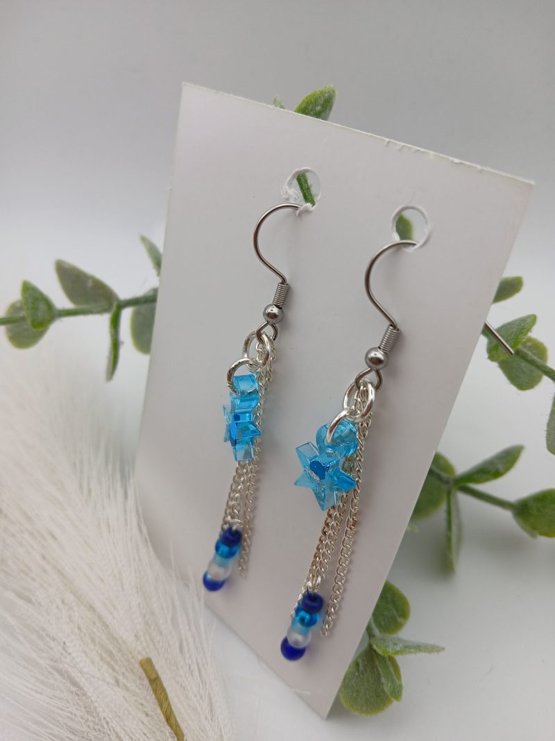 Dangle Star Earrings Blue Glittery resin and chain tassels