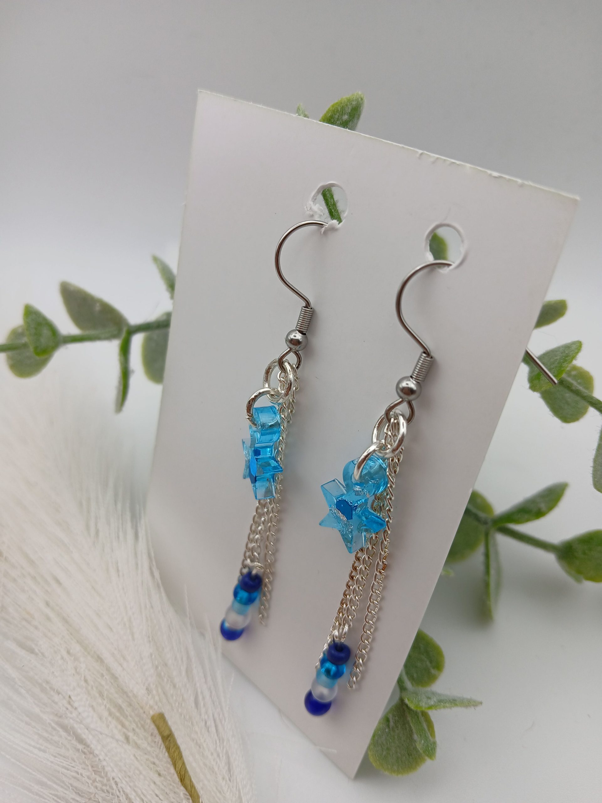 Dangle Star Earrings Blue Glittery resin and chain tassels
