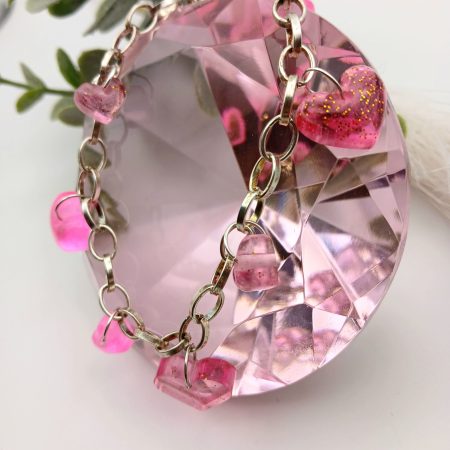 Pink Glittery Resin Hearts Charm Bracelet