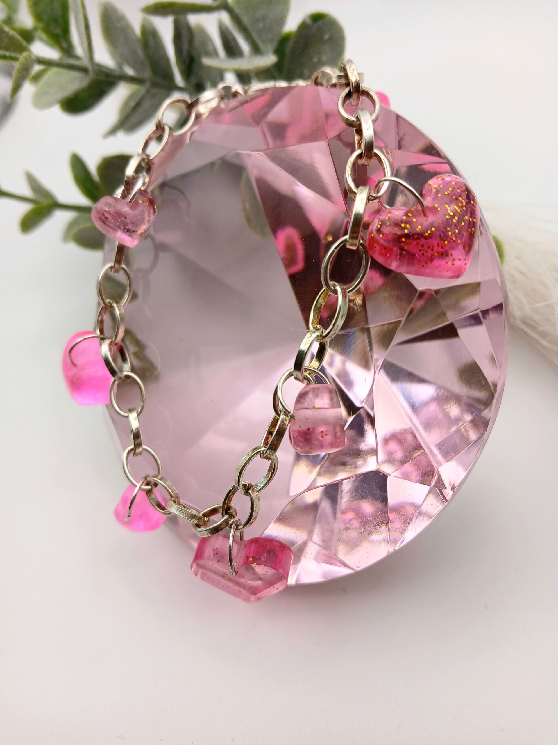 Pink Glittery Resin Hearts Charm Bracelet