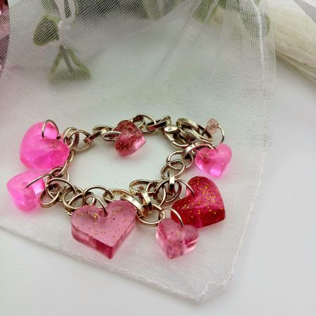 Pink Glittery Resin Hearts Charm Bracelet