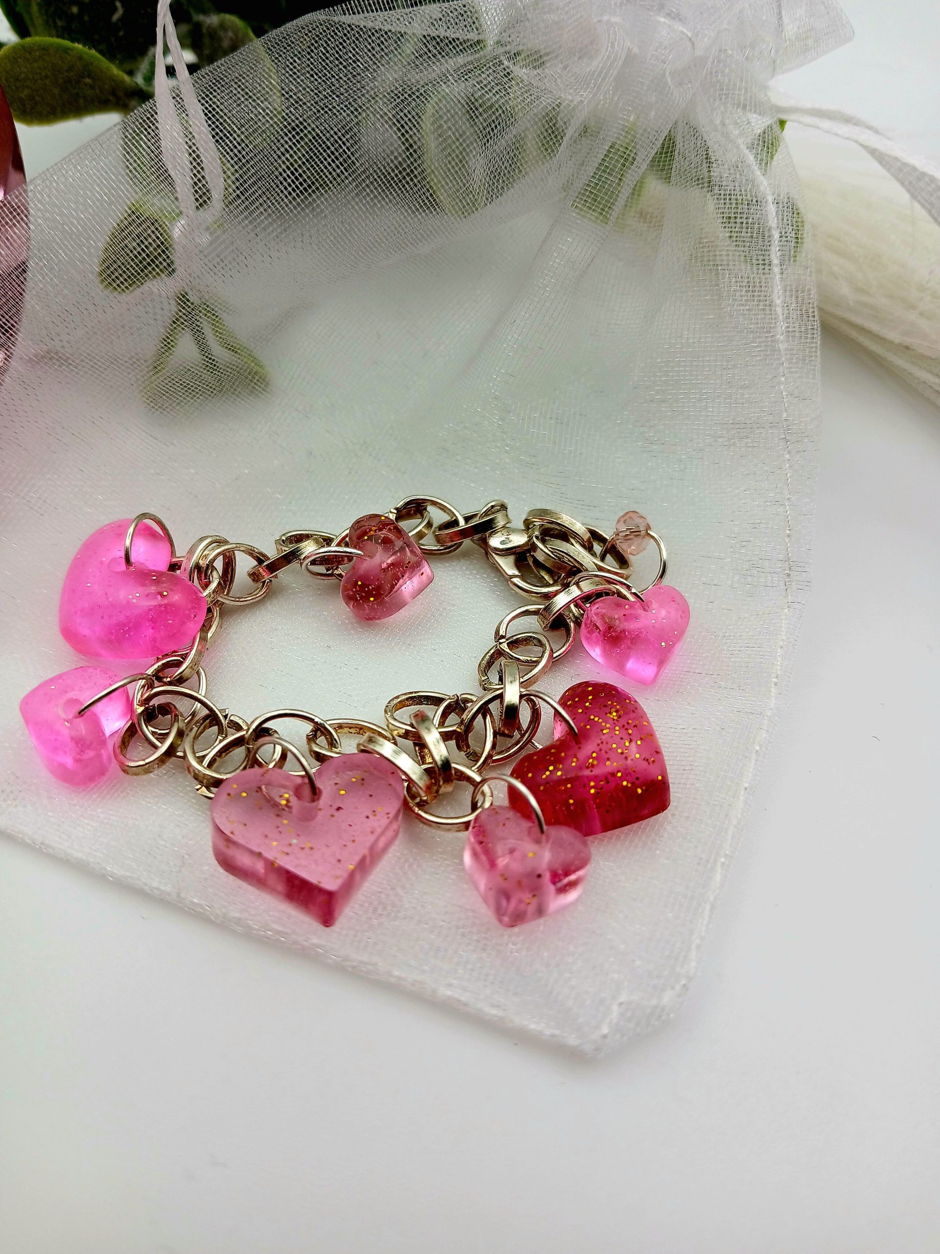 Pink Glittery Resin Hearts Charm Bracelet