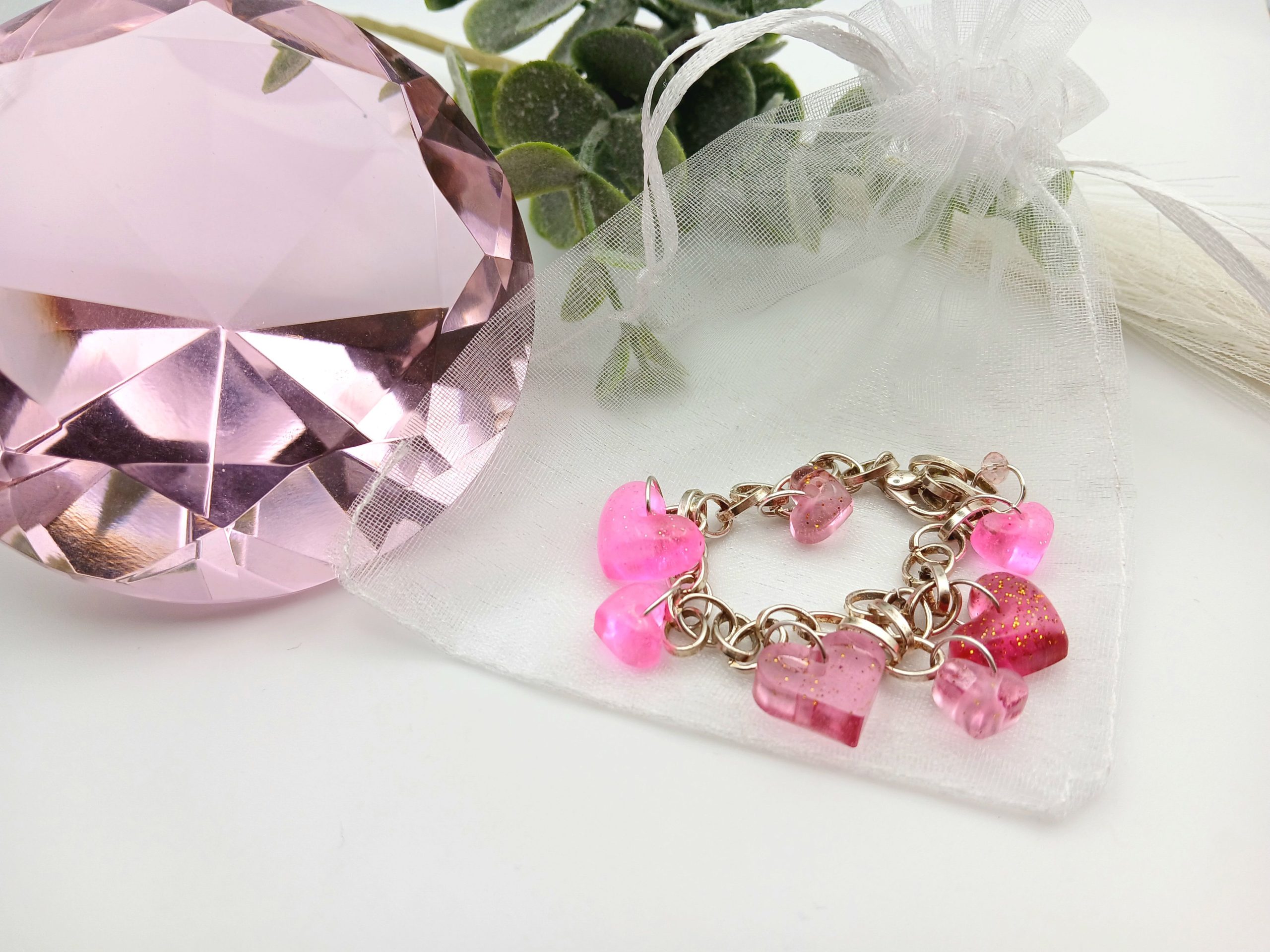 Pink Glittery Resin Hearts Charm Bracelet