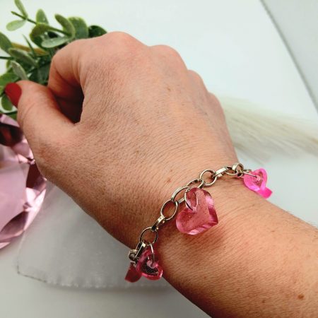 Pink Glittery Resin Hearts Charm Bracelet