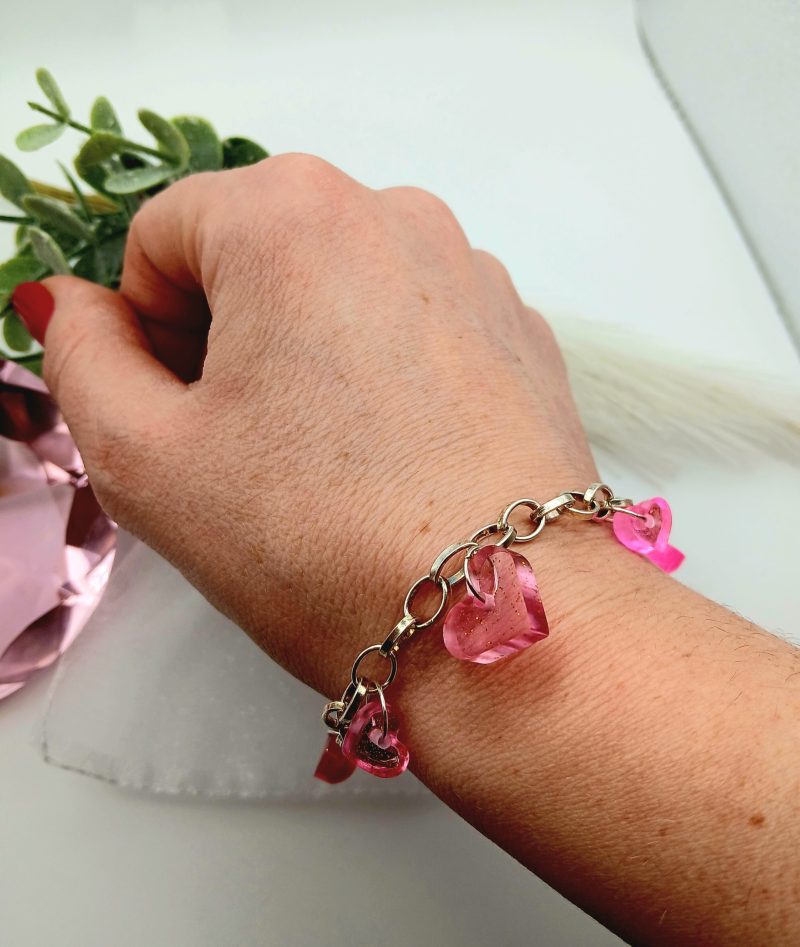 Pink Glittery Resin Hearts Charm Bracelet