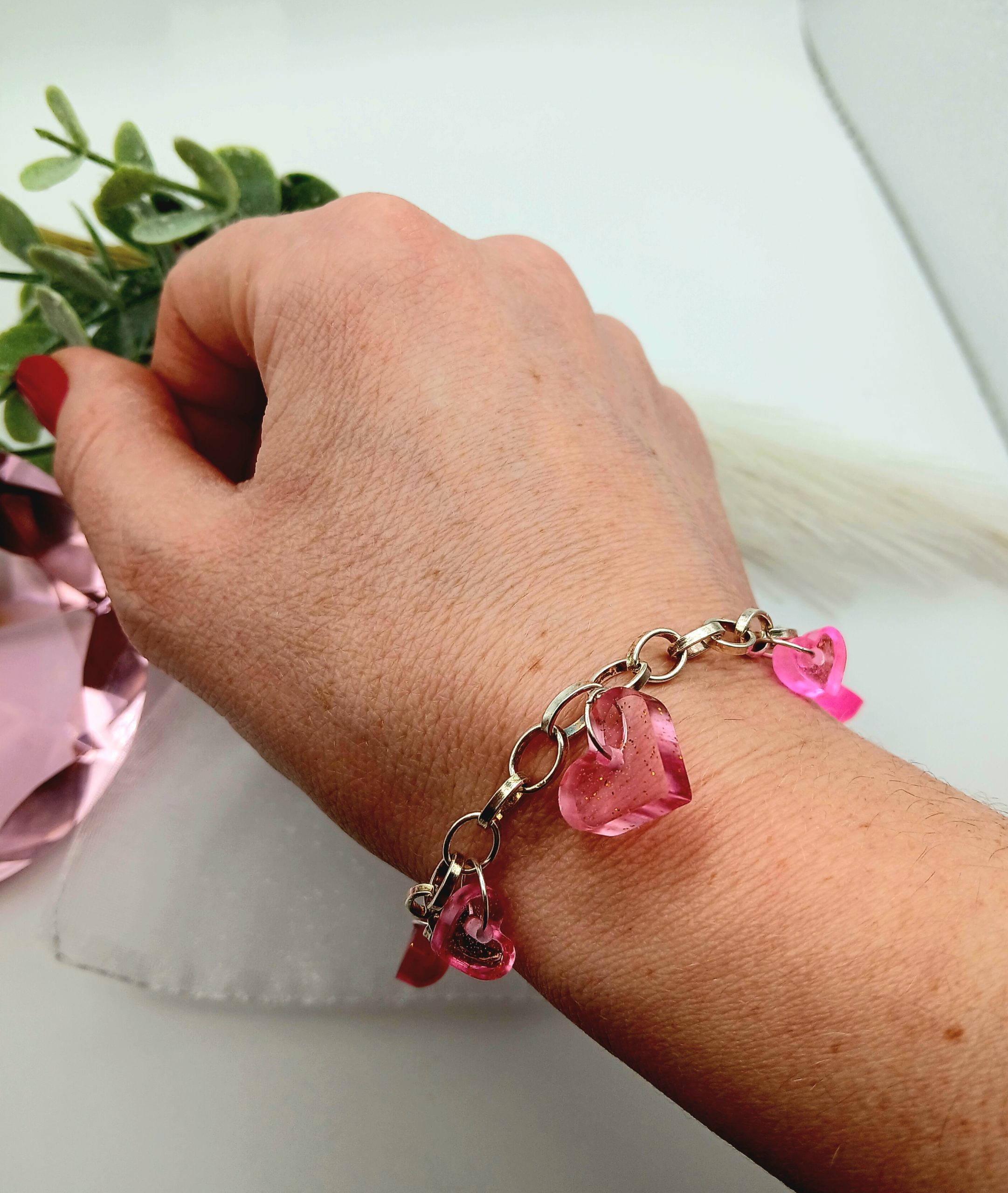 Pink Glittery Resin Hearts Charm Bracelet