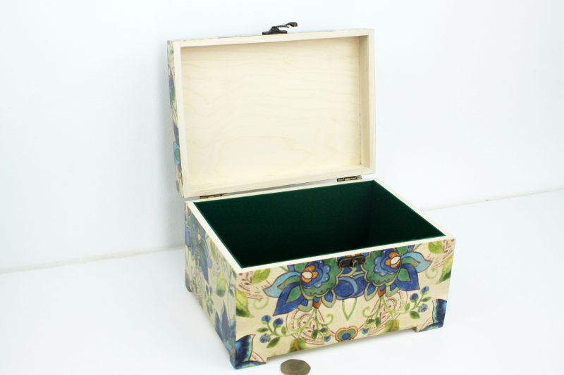 Wood handmade keepsake jewellery, memories, photo box, Moorcroft style Flowers, Lined